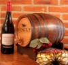 Barrel with dark stain and black hoops